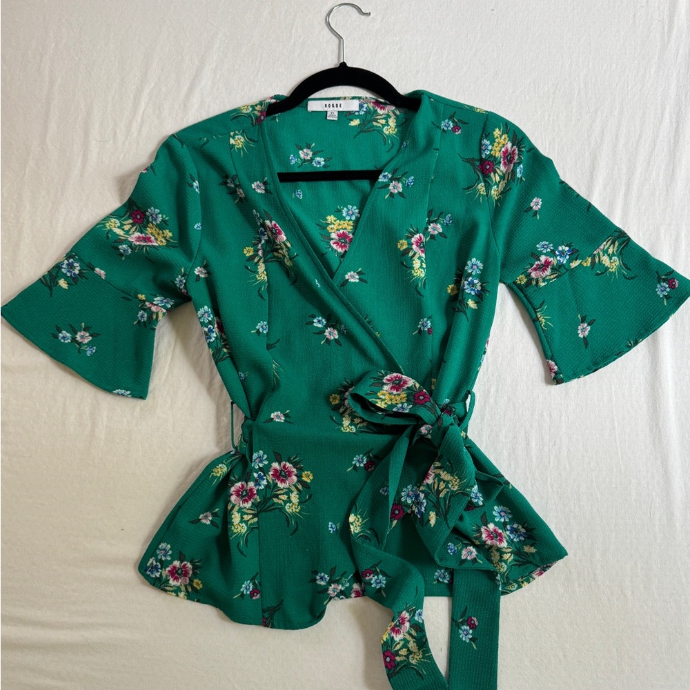 Ro & De Green Floral Wrap Blouse